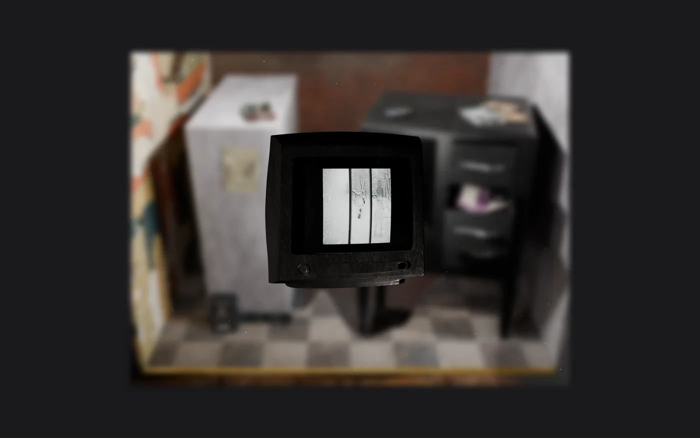 The room: a television, a tape recorder and a player on a tiled floor